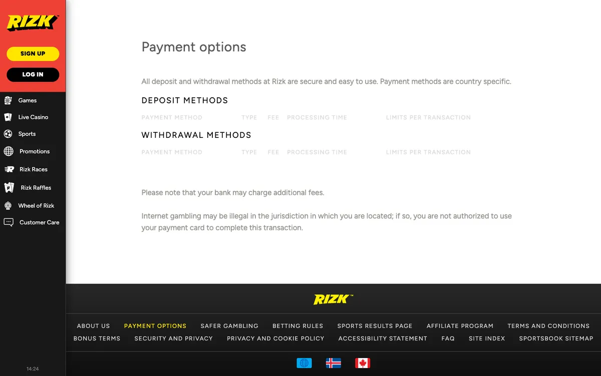 Rizk Casino — Payments, captured from Australia