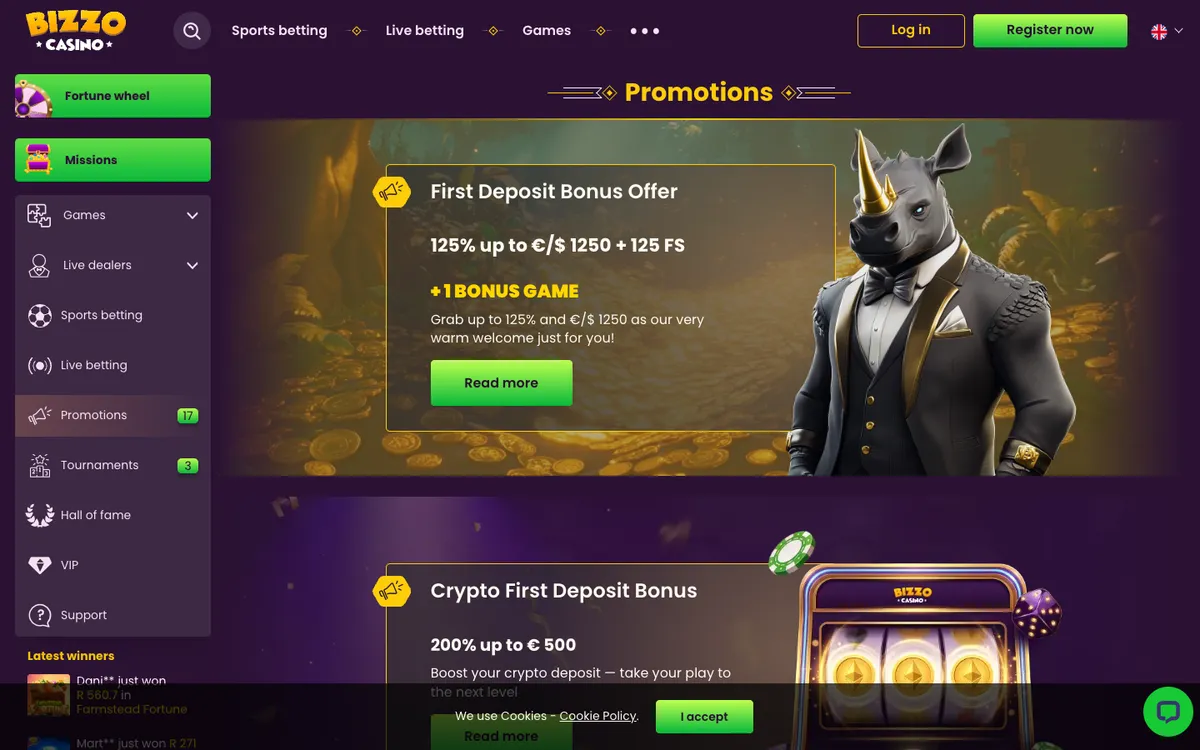 Bizzo Casino — Promotions, captured from South Africa