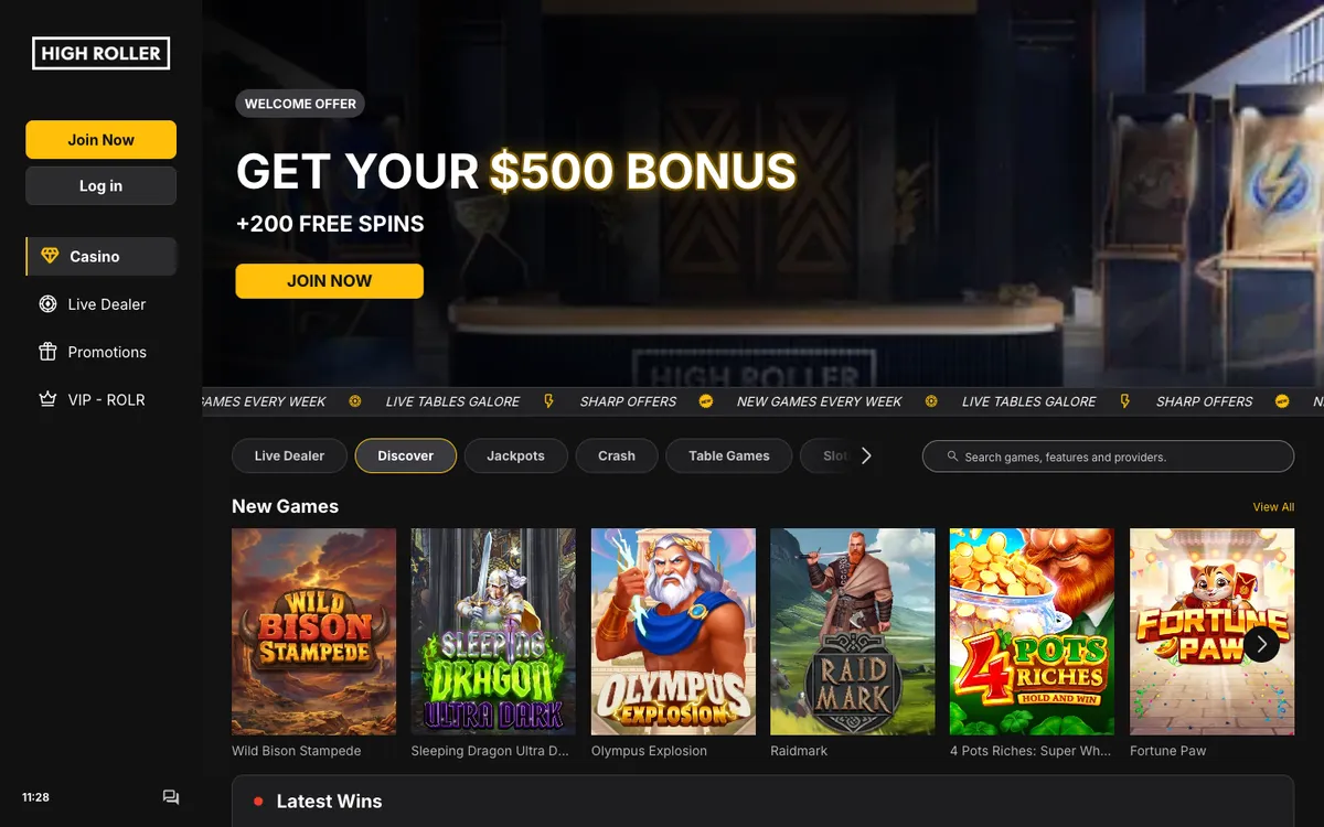 Highroller Casino — Home page, captured from New Zealand