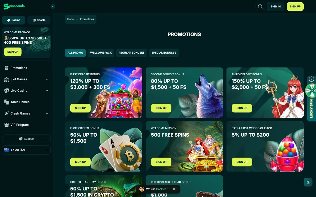 Spinaconda Casino — Promotions, captured from Australia