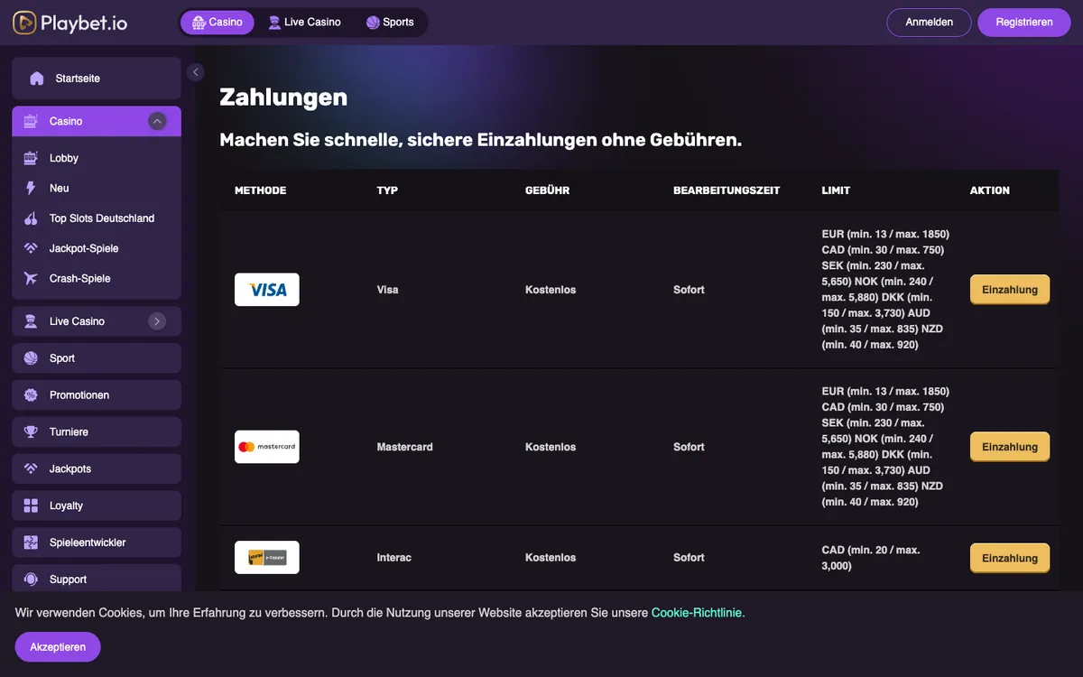 Playbet.io Casino — Payments, captured from Austria