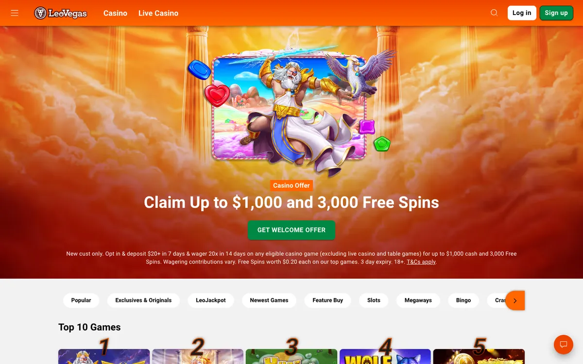 LeoVegas Casino — Home page, captured from New Zealand