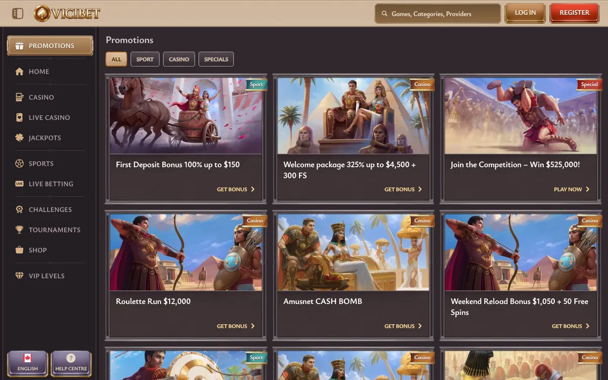 ViciBet Casino — Promotions, captured from Canada