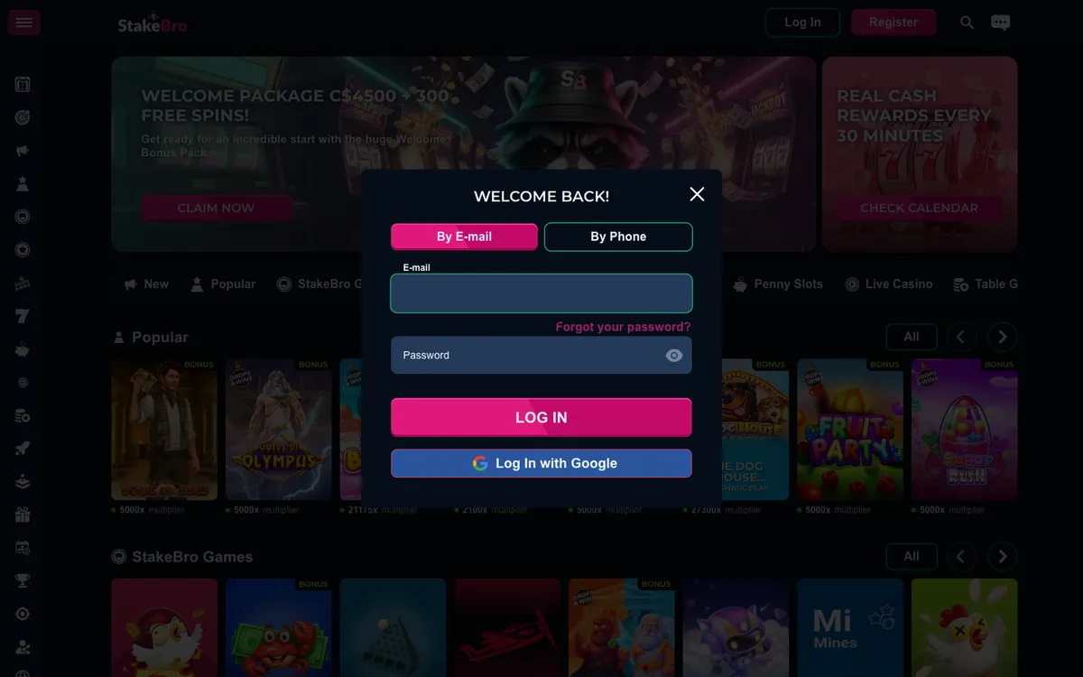 StakeBro Casino — «Регистрация», снято из страны Канада