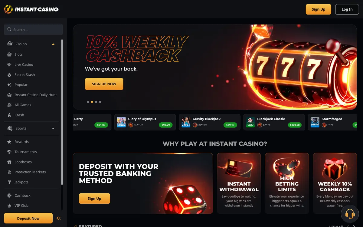 Instant Casino — Home page, captured from United Arab Emirates