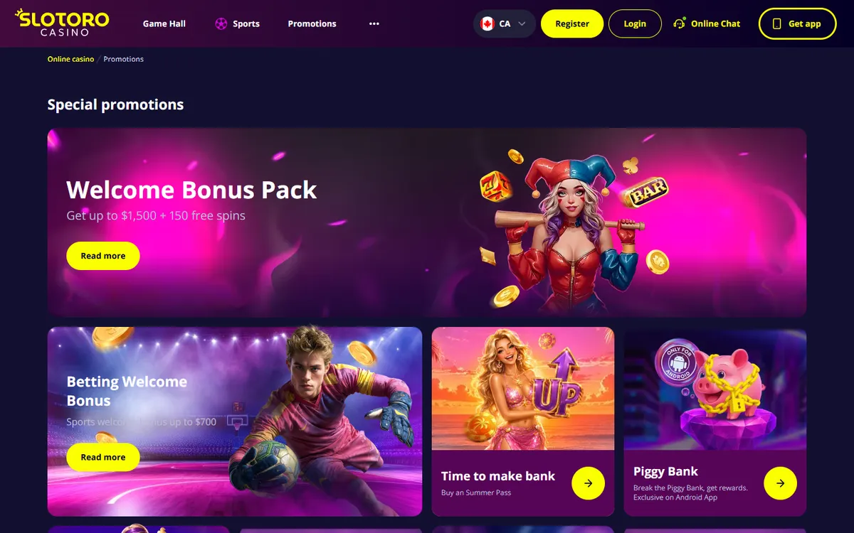 Slotoro Casino — Promotions, captured from Canada