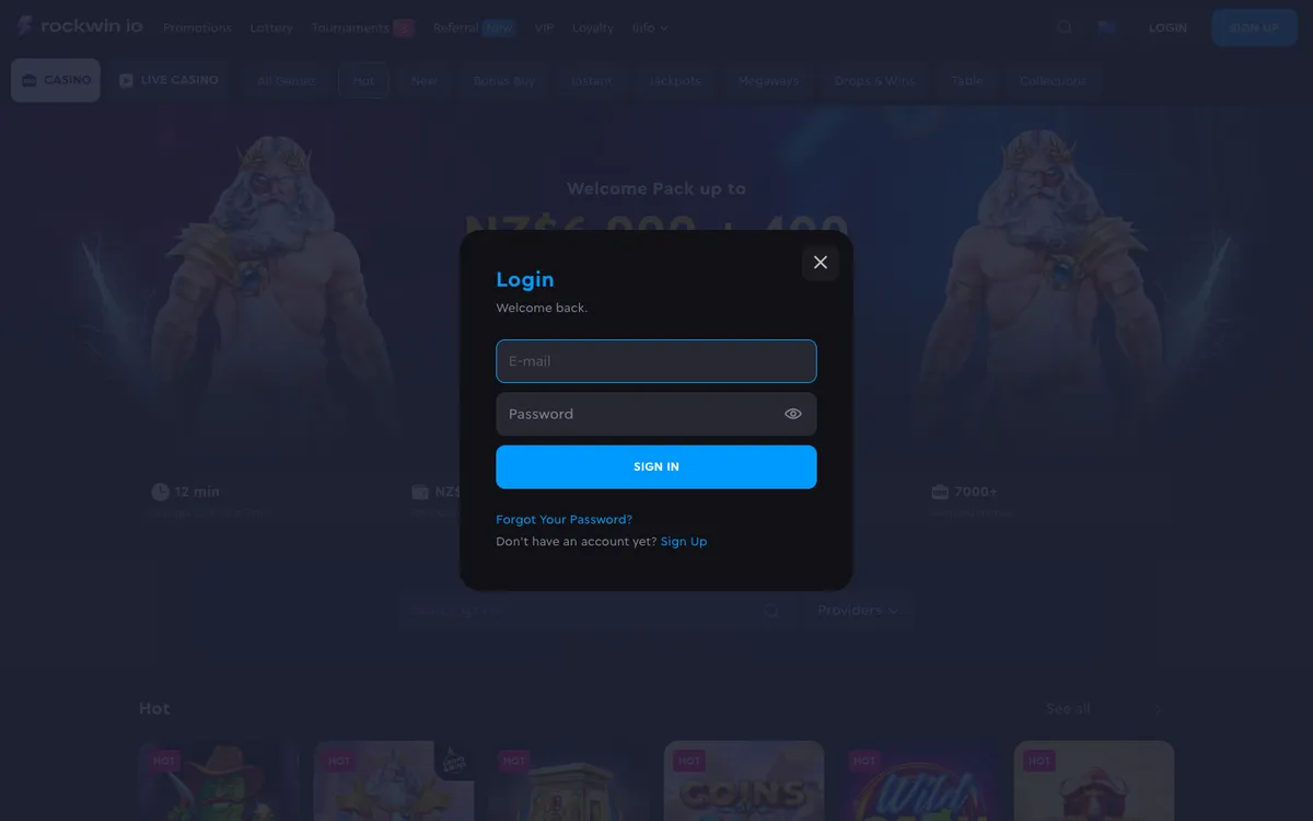 Rockwin Casino — «Регистрация», снято из страны Новая Зеландия