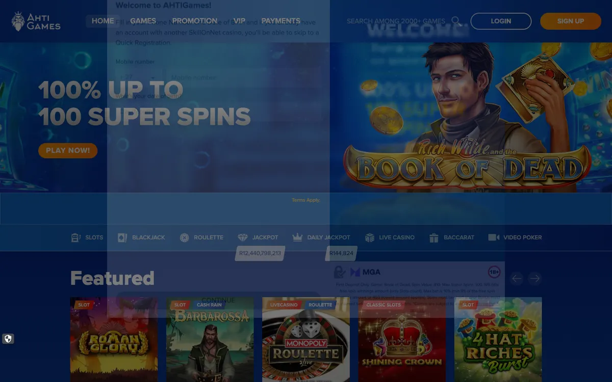 AHTI Games Casino — Sign-up, captured from South Africa