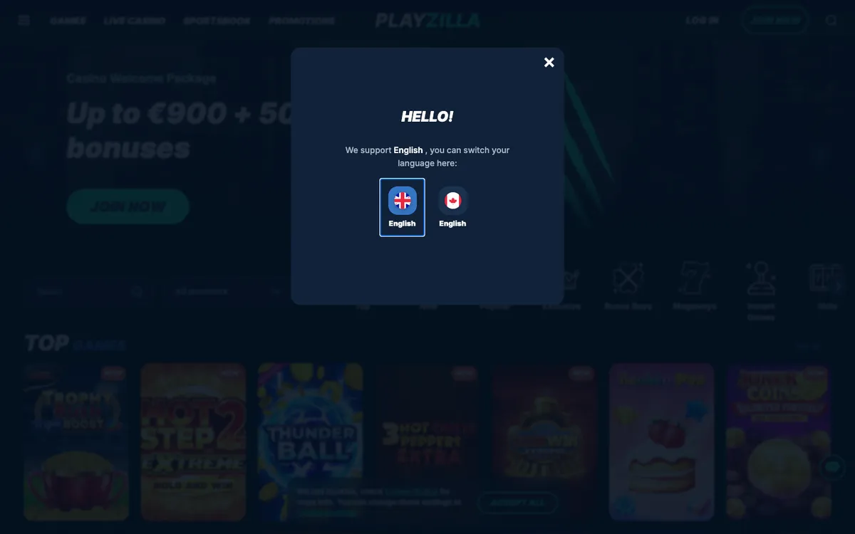 PlayZilla Casino — Home page, captured from Canada