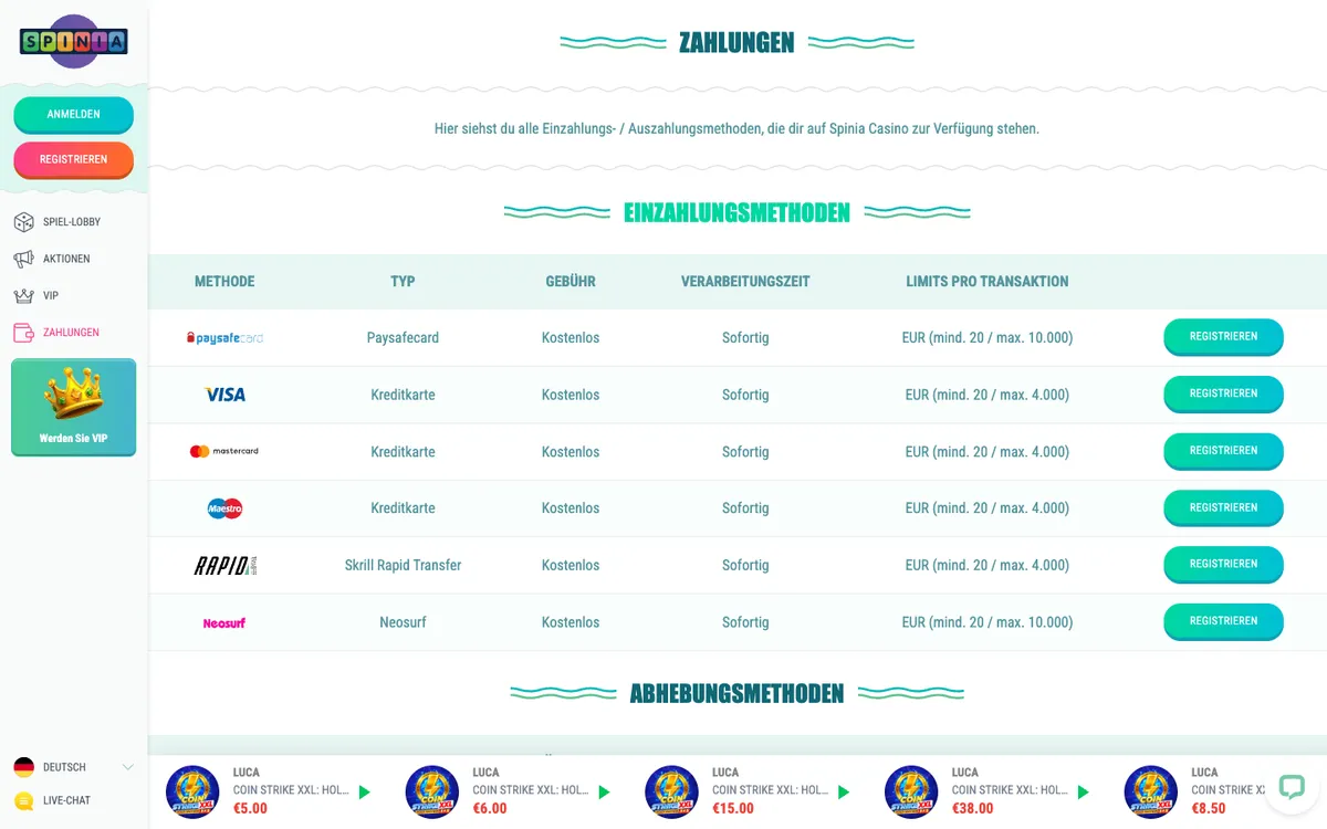 Spinia Casino — Payments, captured from Germany