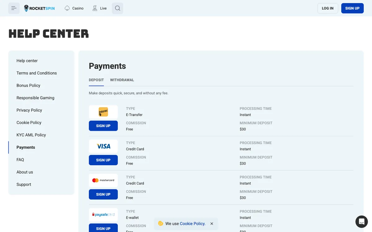 Rocket Spin Casino — «Платежи», снято из страны Канада