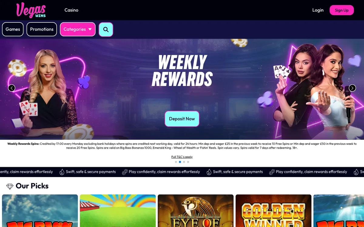 VegasWins Casino — Home page, captured from United Kingdom