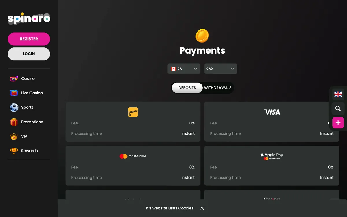 Spinaro Casino — «Платежи», снято из страны Канада