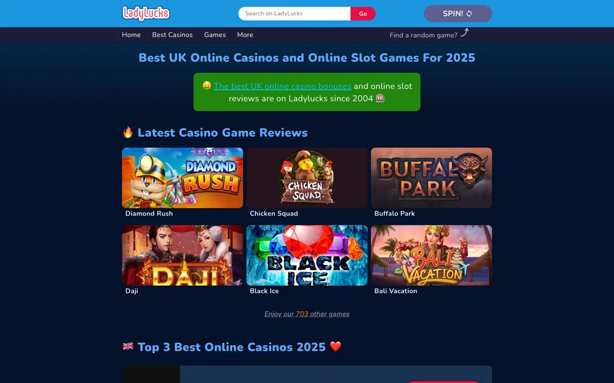 LadyLucks Casino — Home page, captured from United Kingdom