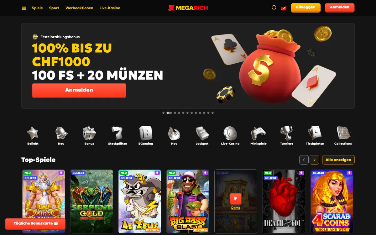 Megarich Casino — Home page, captured from Switzerland