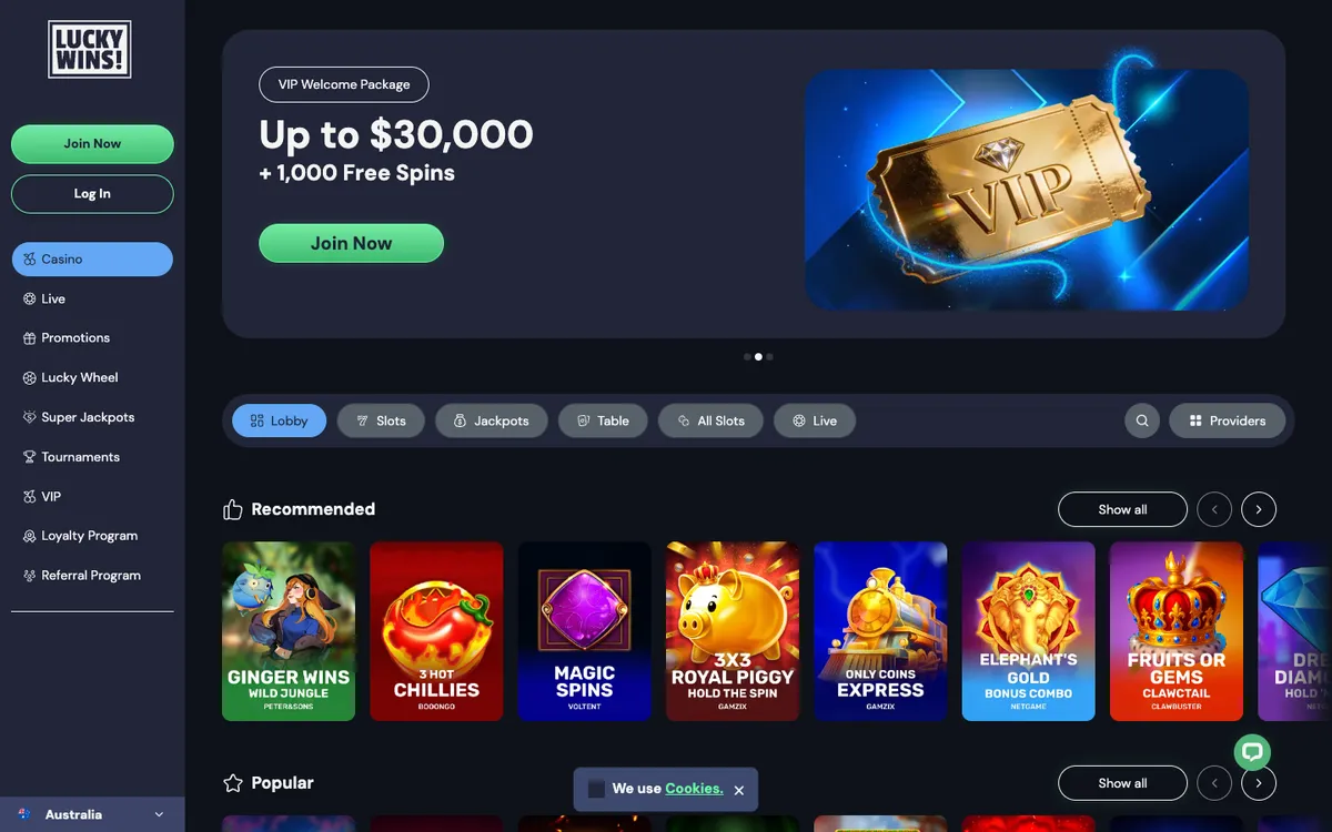 LuckyWins Casino — Home page, captured from Australia