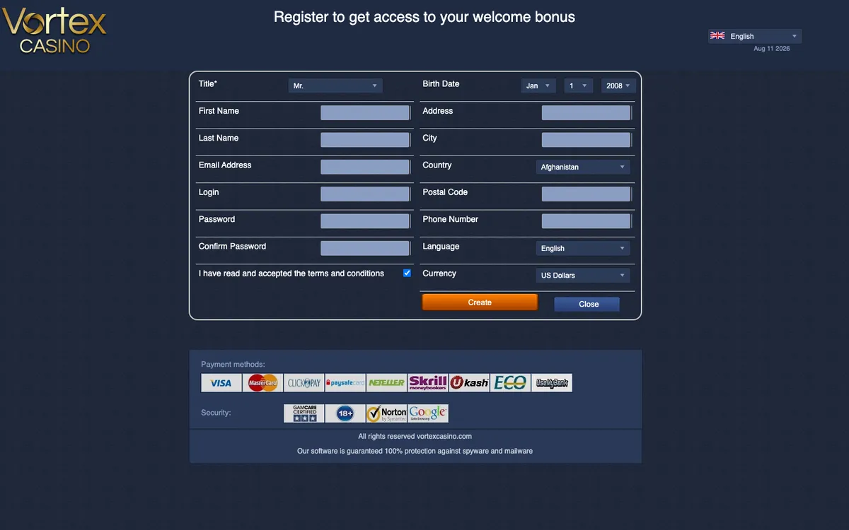 Vortex Casino — «Регистрация», снято из страны Австралия