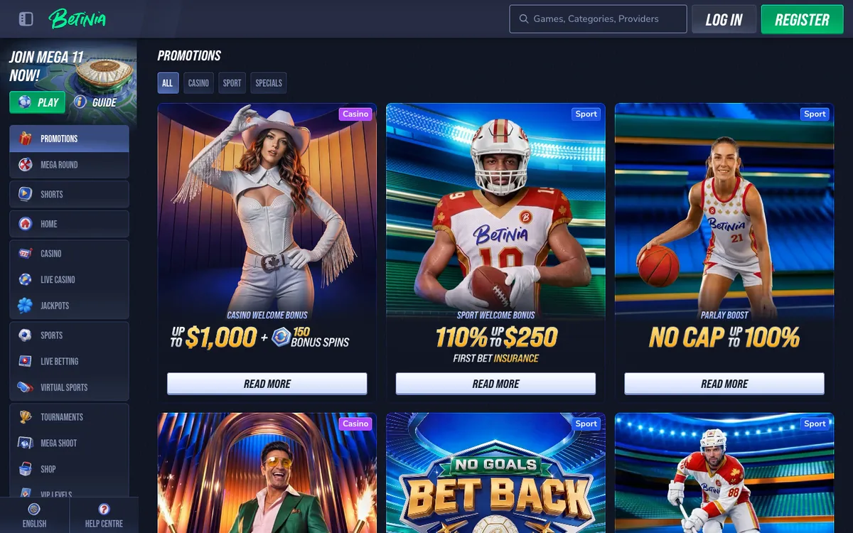 Betinia Casino — Promotions, captured from Canada