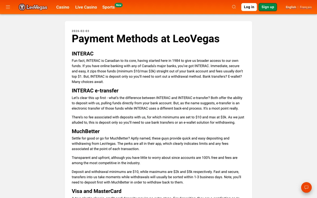 LeoVegas Casino — Payments, captured from Canada