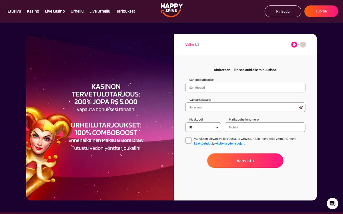 HappySpins Casino — «Регистрация», снято из страны Финляндия