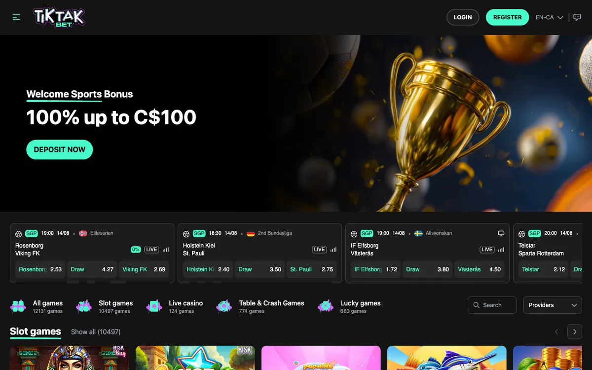 TikTak Bet Casino — «Главная», снято из страны Канада