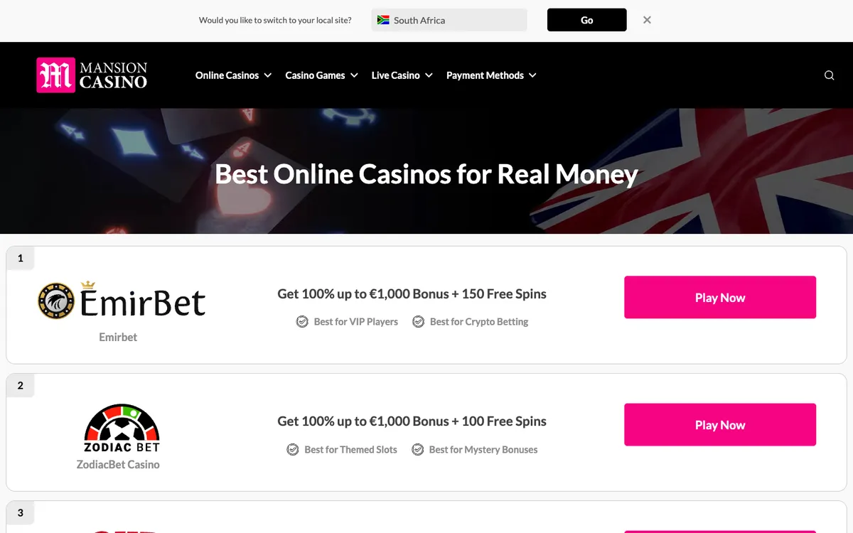 Mansion Casino — Home page, captured from South Africa
