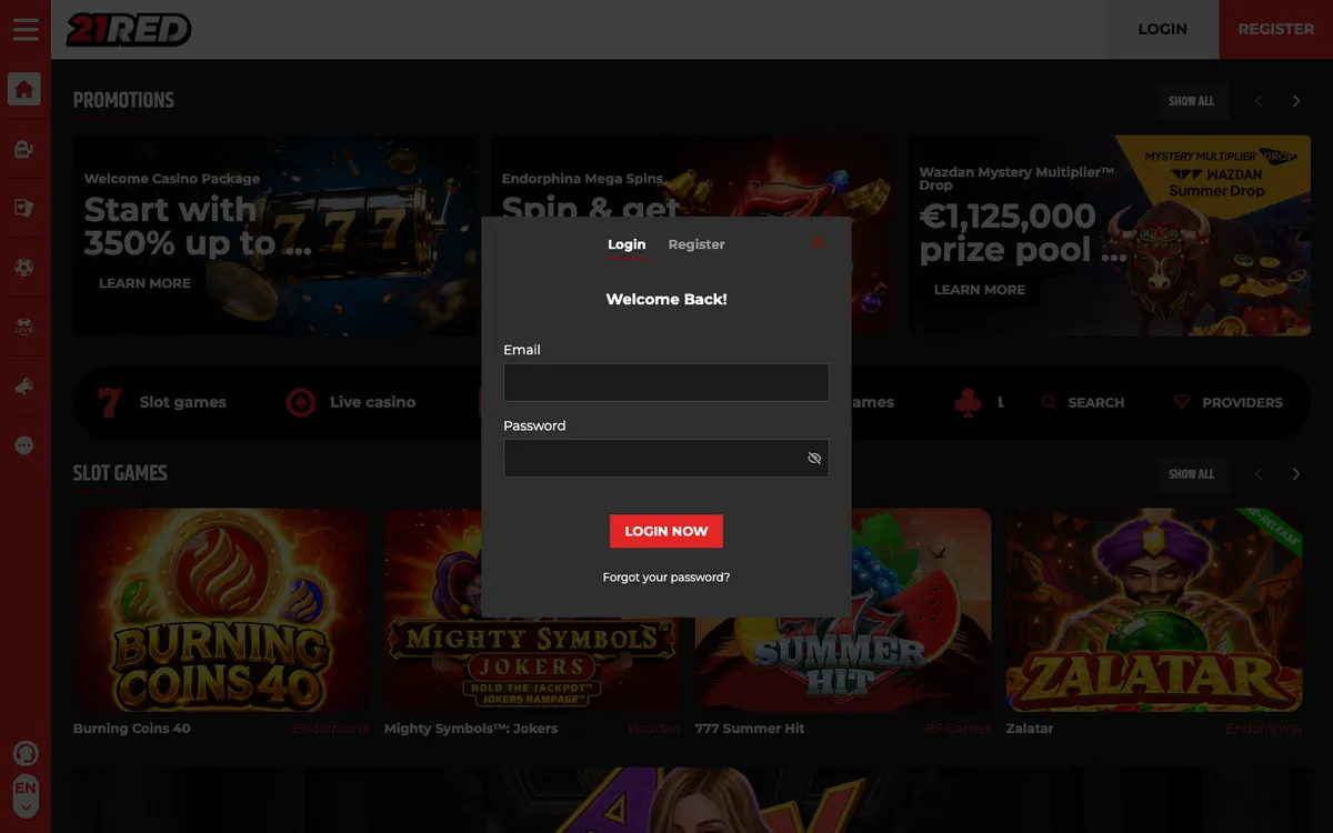 21.red Casino — «Регистрация», снято из страны Португалия