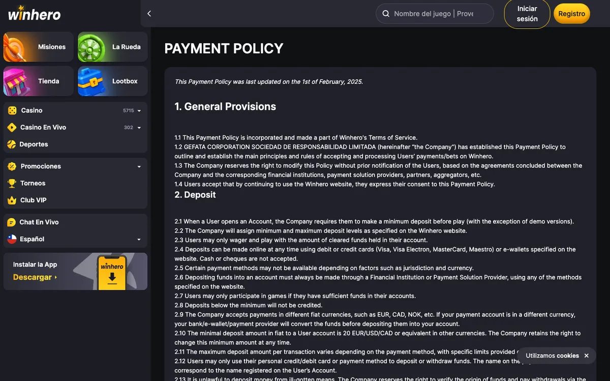 Winhero Casino — Payments, captured from Spain