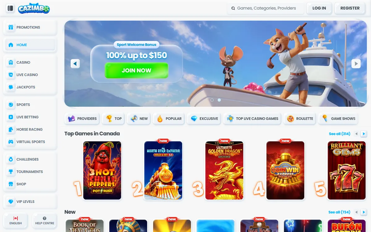 Cazimbo Casino — Home page, captured from Canada