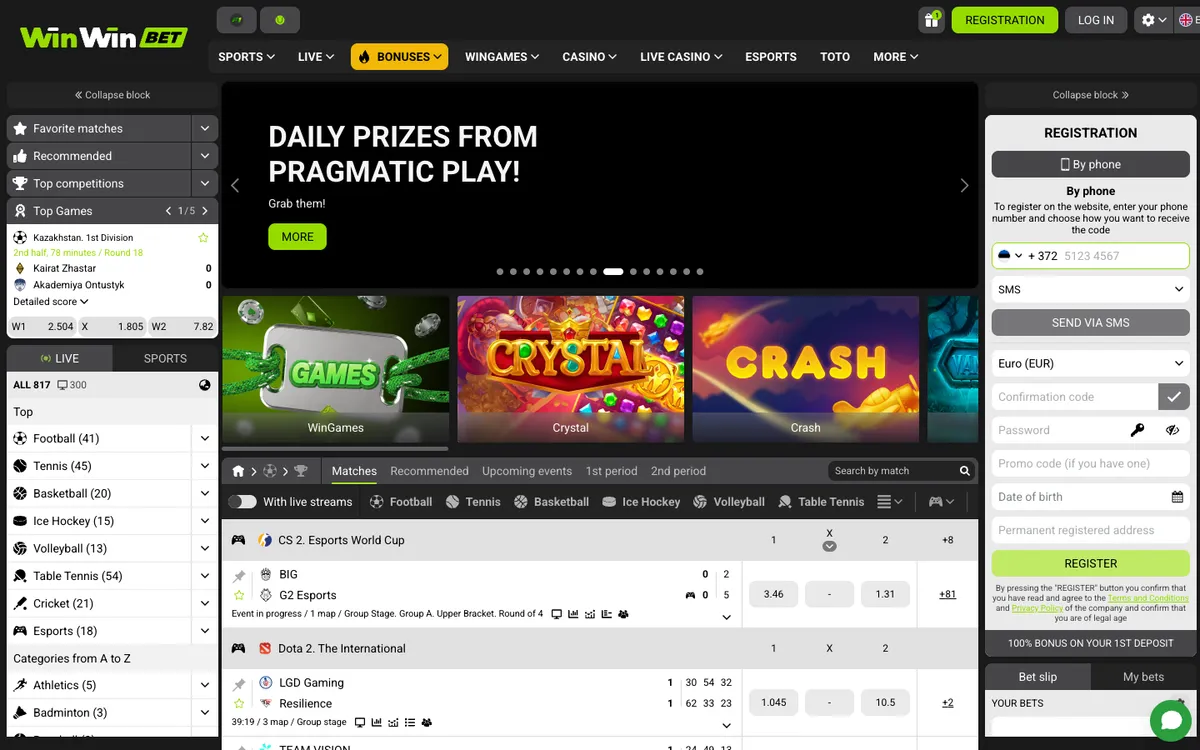 WinWinBet Casino — «Главная», снято из страны Эстония