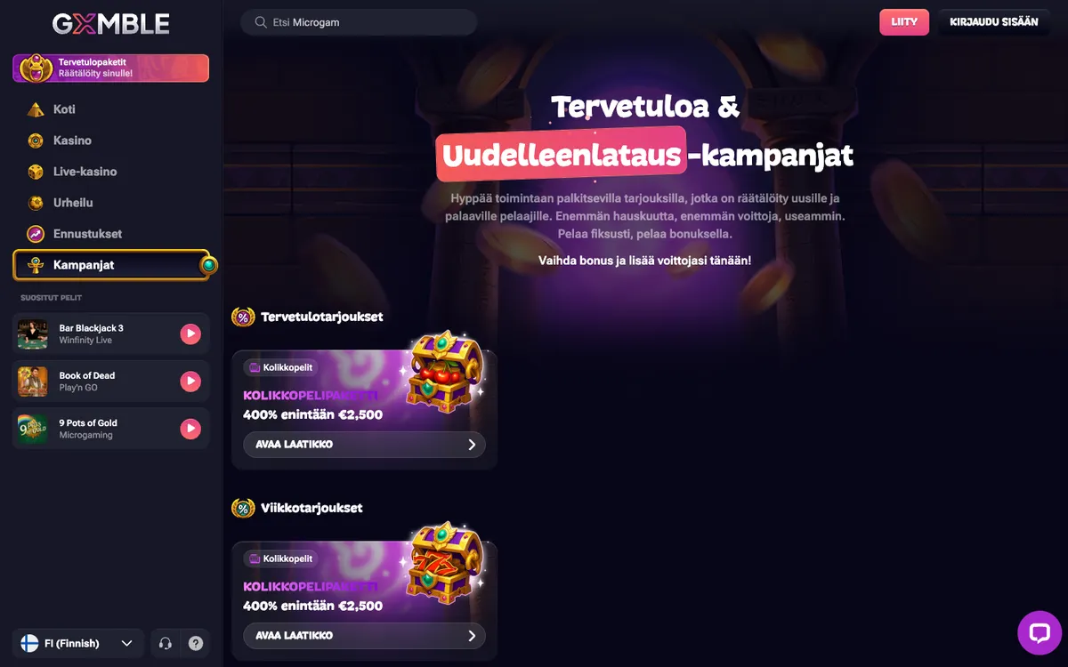 Gxmble Casino — «Акции», снято из страны Финляндия