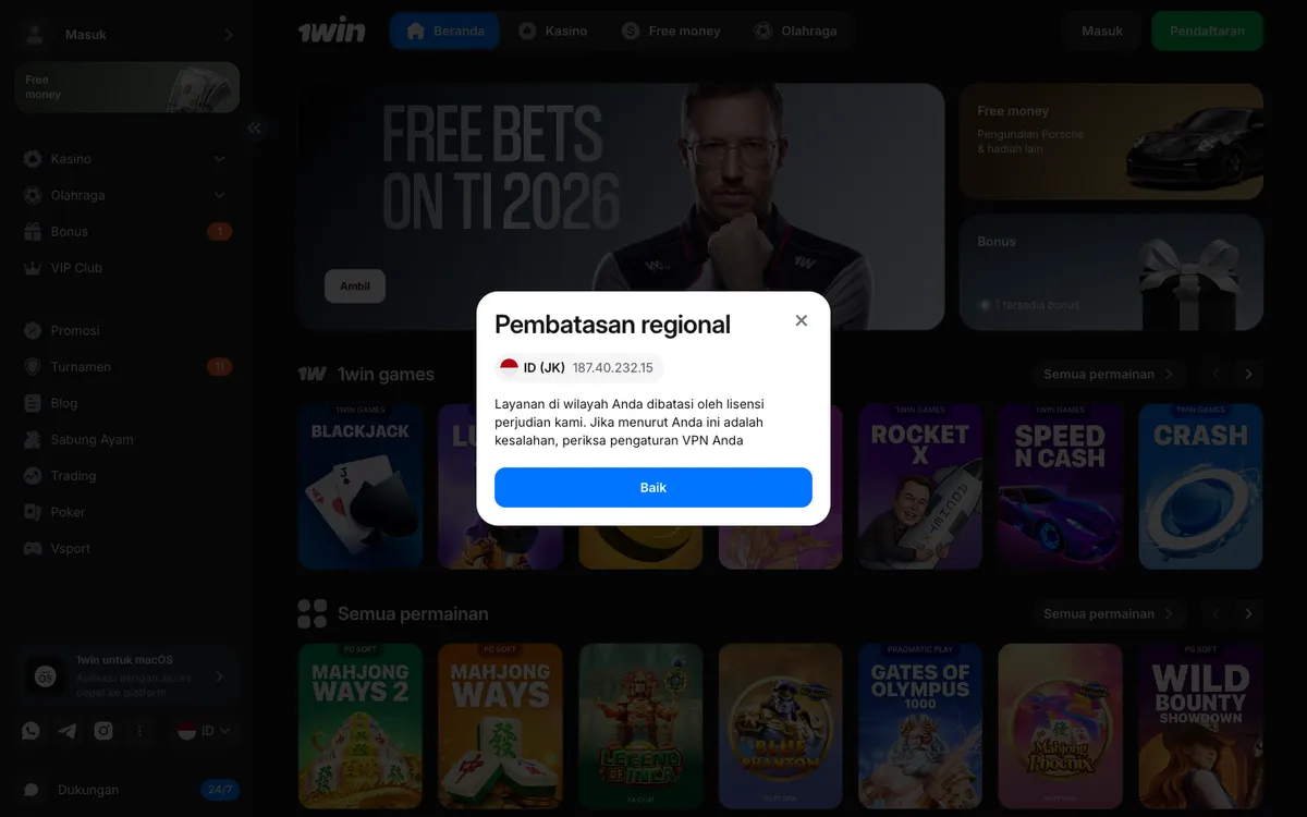 1win Casino — Promotions, captured from Indonesia