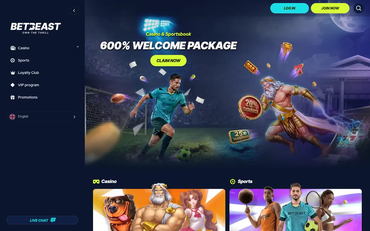 BetBeast Casino — Home page, captured from Belgium