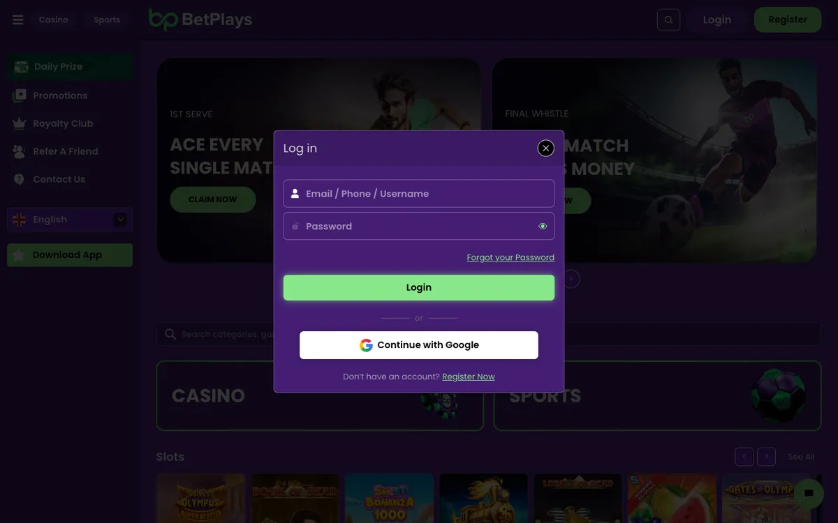BetPlays Casino — Sign-up, captured from Belgium