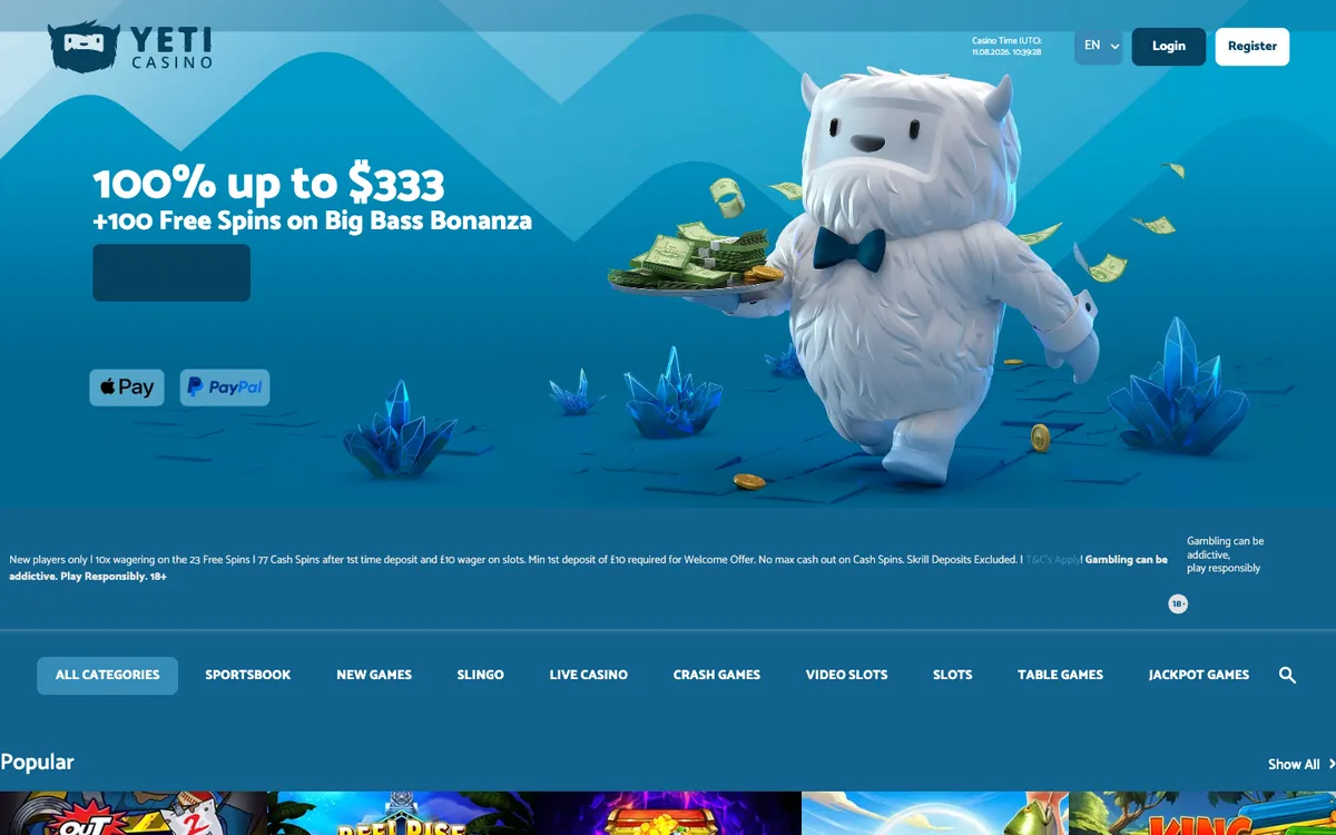 Yeti Casino — Home page, captured from New Zealand