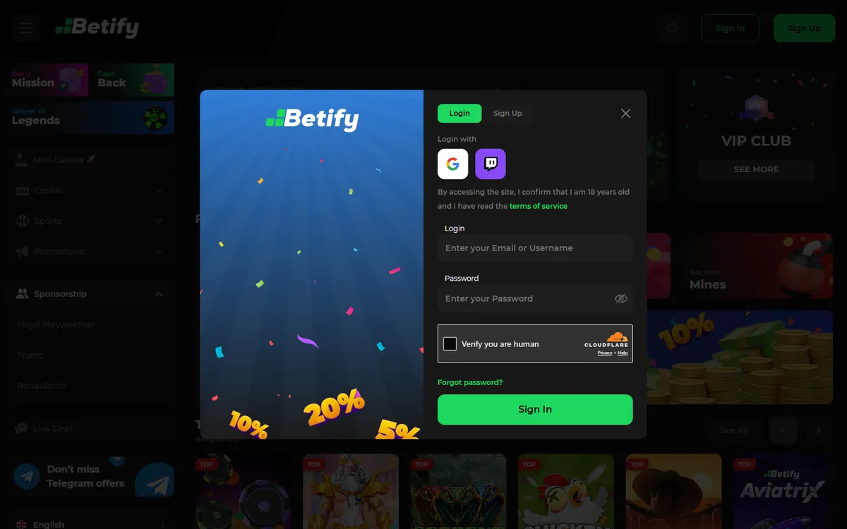 Betify Casino — Sign-up, captured from Canada