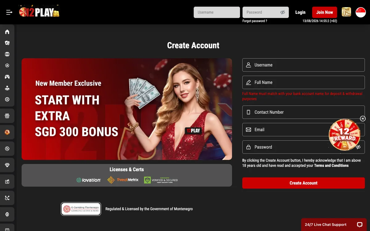 12Play Casino — Sign-up, captured from Malaysia