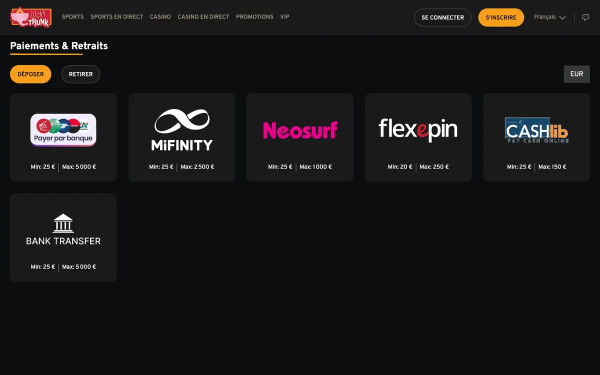 Lucky Trunk Casino — Payments, captured from France
