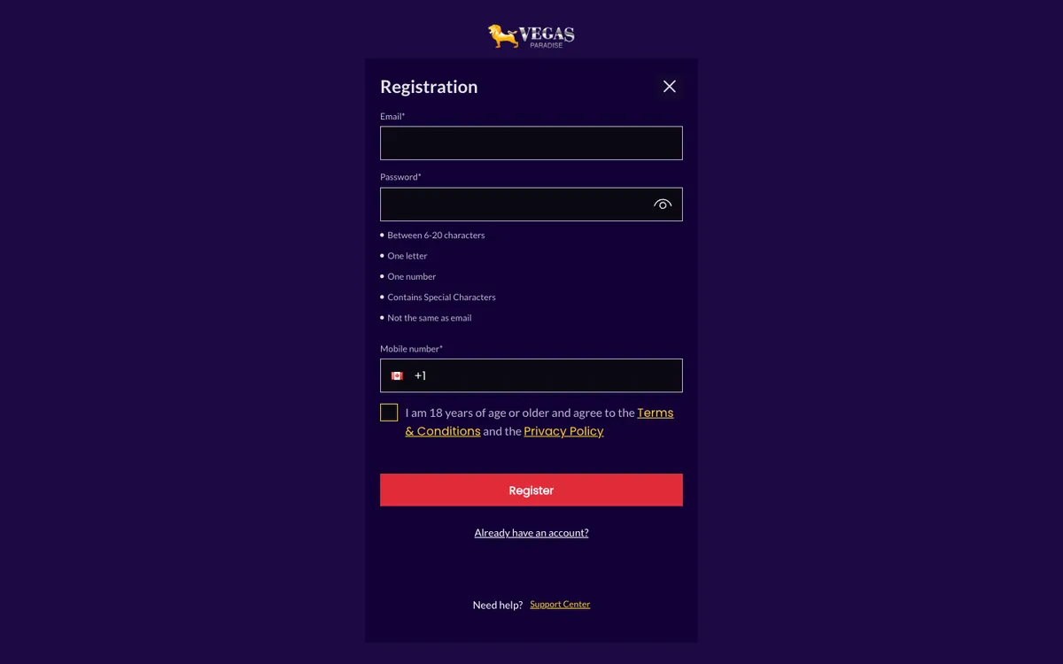 Vegas Paradise Casino — «Регистрация», снято из страны Канада