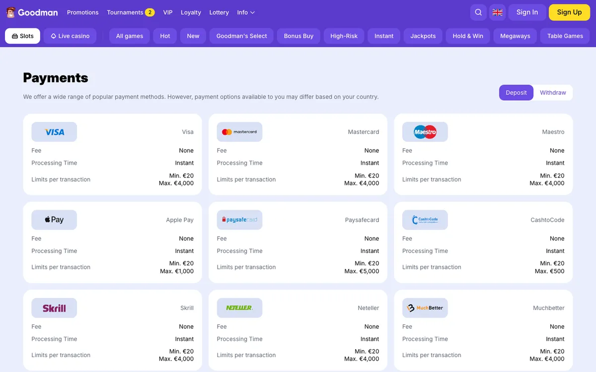 Goodman Casino — Payments, captured from Brazil