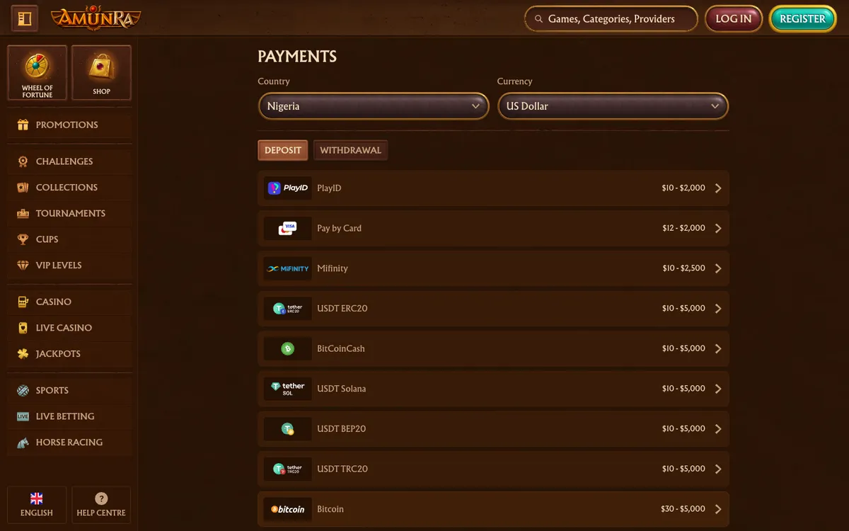 AmunRa Casino — Payments, captured from Nigeria