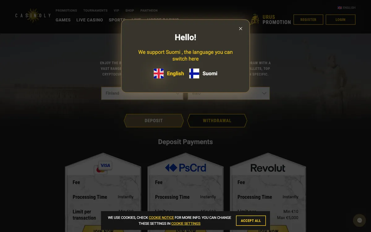 Casinoly Casino — Payments, captured from Finland