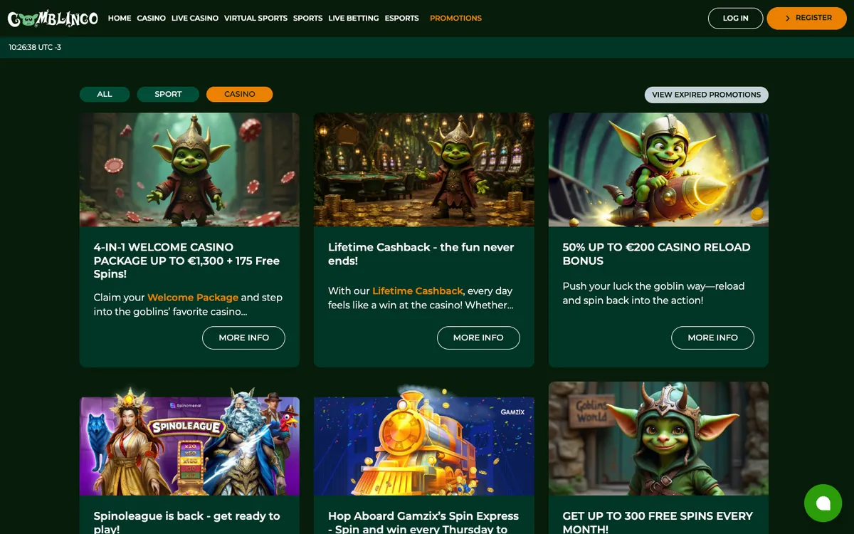 Gomblingo Casino — Promotions, captured from Brazil