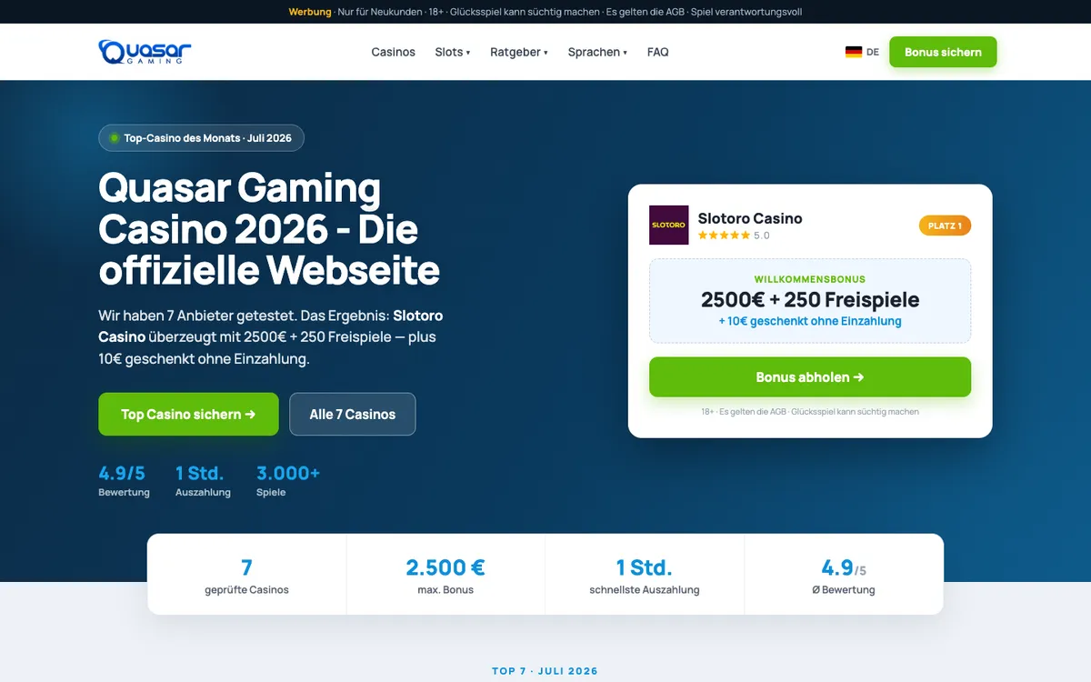 Quasar Gaming Casino — Home page, captured from Germany