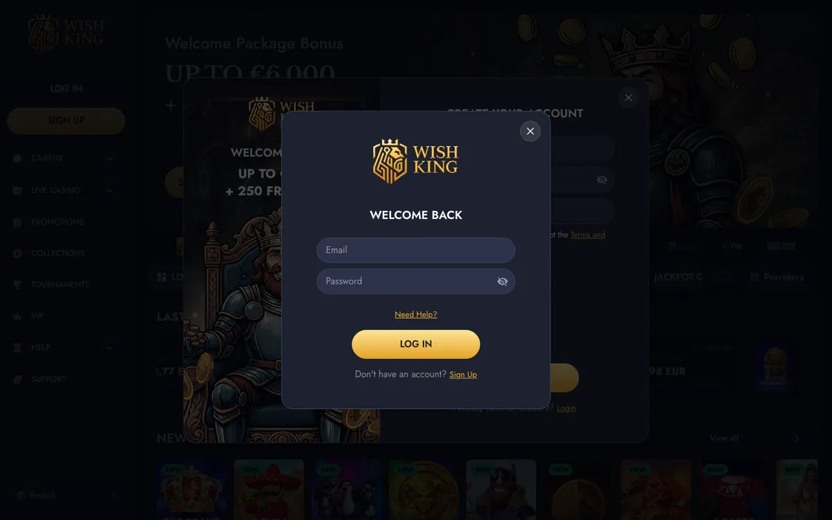 WishKing Casino — Sign-up, captured from Austria
