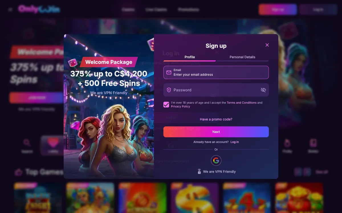 Only Win Casino — Sign-up, captured from Canada