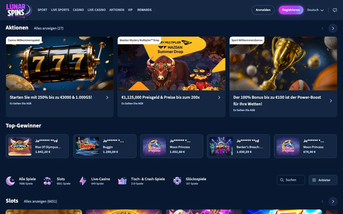 Lunarspins Casino — Home page, captured from Austria