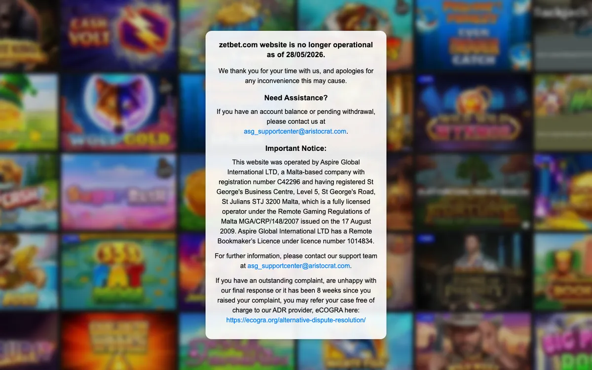 Zetbet Casino — Home page, captured from Australia