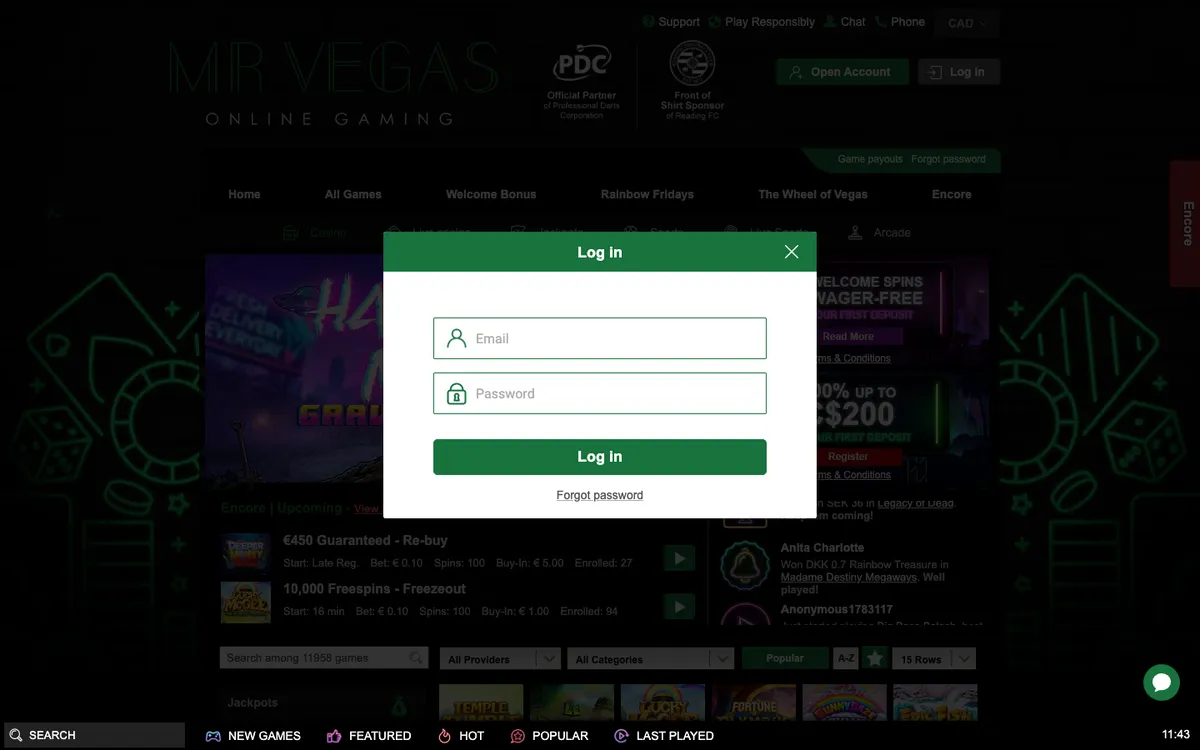 Mr Vegas Casino — Sign-up, captured from Canada