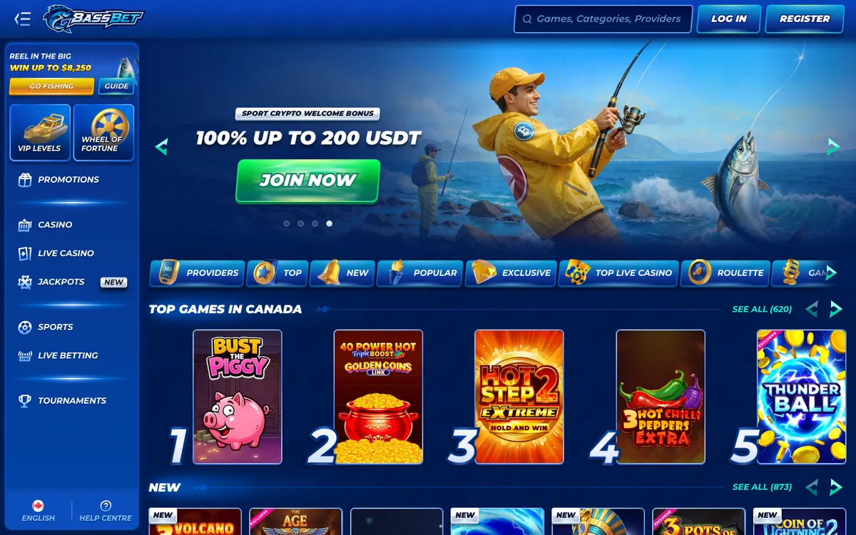 Bassbet Casino — Home page, captured from Canada